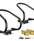 Two Pack Motorcycle Wheel Chock And Strap Kit For E Track Rails And Trailers, includes mounts, straps, screws, and screwdriver.