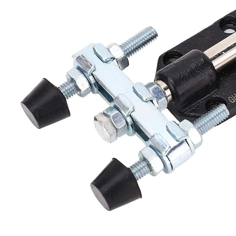 Close-up of Push Pull Clamp Dual Head Toggle Clamp in Carbon Steel, 90kg Clamping Force, 20mm Stroke, with metal and rubber details