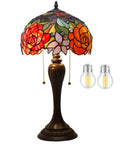 Tiffany Style Stained Glass Table Lamp With Red Rose Pattern, 12 Inch Shade, 22 Inch Tall, Resin Antique Green Bronze Base, Pull Chain, UL Listed, Cozy Bedside Desk Reading Light For Living Room And Home Office