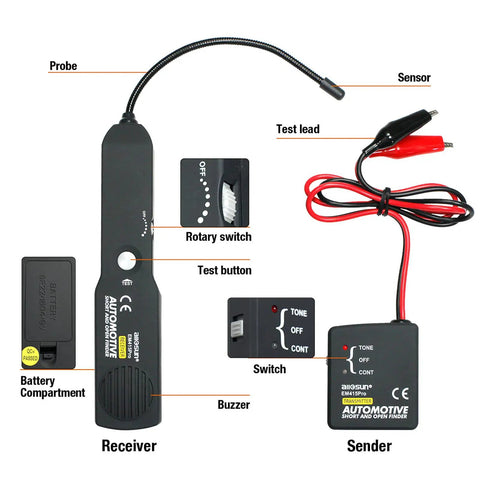 Automotive Wire Tracker Pro with Short and Open Circuit Finder, cable toner, flexible probe, and components labeled.