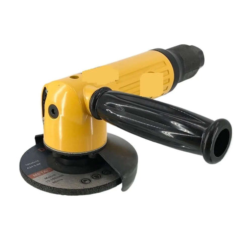 Heavy Duty Workhorse Pneumatic Angle Grinder For Razor Sharp Metal Cutting And Smooth Rust Removal Supercharged Air Powered Power Tool close-up of yellow and black air grinder with 100mm disc.