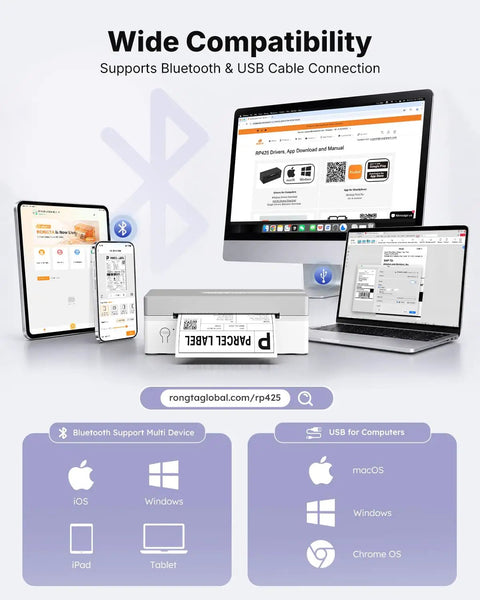 Wireless Bluetooth Thermal Shipping Label Printer Pulls Off Killer 4x6 Package Prints For Ecommerce Hustles With Zero Hassle Mobile Sync and Smooth Windows Mac Android Pairing In Classic Gray with multiple device compatibility displayed.