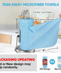 Blue Microfiber Shop Towels Roll With 55 Sheets Washable And Reusable 11x9 Inch Cloths on towel holder, easy tear feature visible