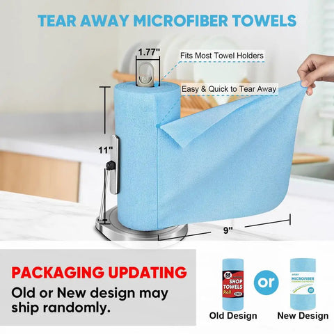 Blue Microfiber Shop Towels Roll With 55 Sheets Washable And Reusable 11x9 Inch Cloths on towel holder, easy tear feature visible