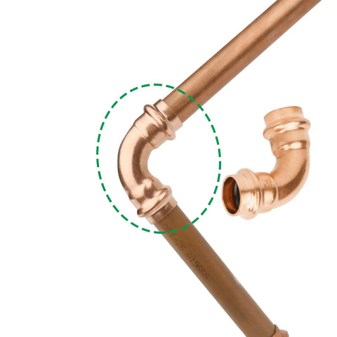 Close-up of 12 Pack 1/2 Inch Copper Press Fittings Kit including elbow joint for leak-free hot or cold water installations.