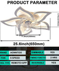 Diagram showing dimensions of Joy Flower 25.6 Inch Modern Flush Mount Ceiling Fan With Lights Remote Control 3 Color Temperatures Petal LED Light Kit