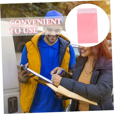 Delivery workers discussing logistics with image of pink waterproof mailing bags 17x30cm 100 pack thickened self sealing mailers.