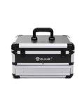 Front view of hard case tool box with drawers and top flip storage silver portable tool organizer carry case