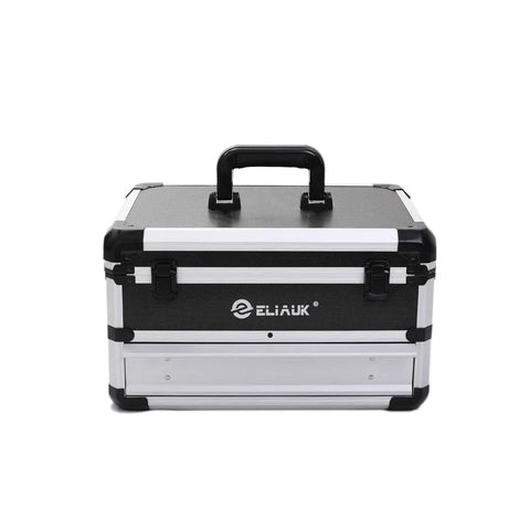 Front view of hard case tool box with drawers and top flip storage silver portable tool organizer carry case
