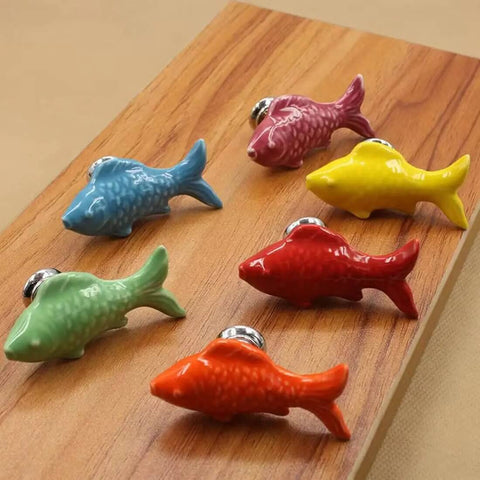 Hella Cool 10 Pack Yellow Goldfish Cabinet Pulls For Drawers And Dressers Super Chic Kitchen Cupboard Handles colorful ceramic pulls on wood