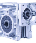 NMRV-030 worm gearbox speed reducer for stepper motors and servo systems with 80:1 ratio, compatible with NEMA23, argentate finish.