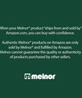 Melnor branding message about purchasing authentic products from Amazon, with green background and logo.
