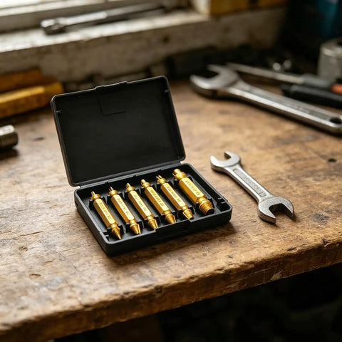 Six Piece Screw Extractor Drill Bit Set for Stripped and Broken Screws, Pro Grade Kit with High Speed Steel Build on workbench