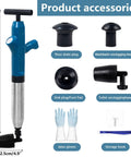 Real Deal Heavy Duty High Pressure Toilet Plunger And Drain Blaster accessories including heads, gloves, and storage hook.