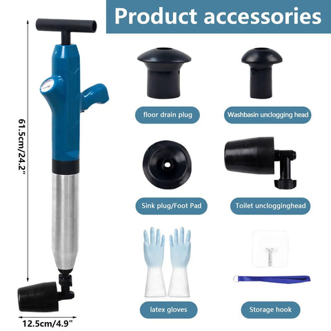 Real Deal Heavy Duty High Pressure Toilet Plunger And Drain Blaster accessories including heads, gloves, and storage hook.