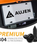 Black License Plate Screws Kit Rustproof 304 Stainless Steel Bolts Three Quarters By One Quarter Inch for Cars, Trucks and SUVs, shown installed.