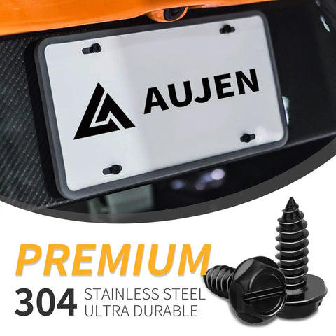 Black License Plate Screws Kit Rustproof 304 Stainless Steel Bolts Three Quarters By One Quarter Inch for Cars, Trucks and SUVs, shown installed.