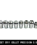 Top Tier ER11 Collet Set With 13 Precision Sizes Ranging From 0.5mm To 6mm, 8 steel collets lined up for CNC milling applications.