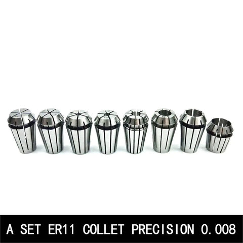 Top Tier ER11 Collet Set With 13 Precision Sizes Ranging From 0.5mm To 6mm, 8 steel collets lined up for CNC milling applications.