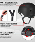 Adult And Youth Skating Protective Gear Set With Helmet Knee Pads Elbow Pads And Wrist Guards For Inline Skating Scootering And Skateboarding Breathable Ventilated Foam For All Day Comfort And Serious Protection showing helmet with adjustable buckle and turning knob.