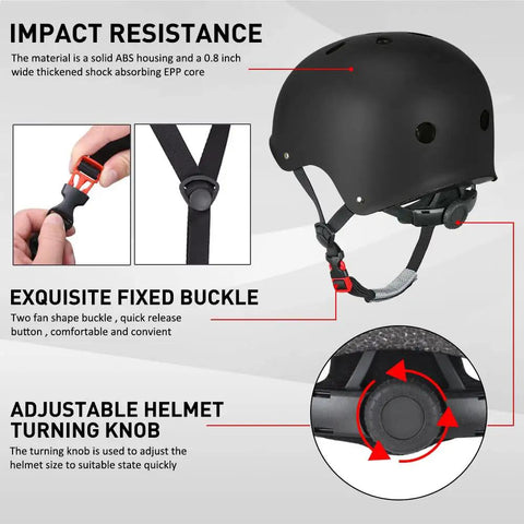 Adult And Youth Skating Protective Gear Set With Helmet Knee Pads Elbow Pads And Wrist Guards For Inline Skating Scootering And Skateboarding Breathable Ventilated Foam For All Day Comfort And Serious Protection showing helmet with adjustable buckle and turning knob.