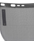 Close-up of wire mesh face shield window replacement 8x15.5x0.02 inches, aluminum bound, black, for welding grinding tasks.