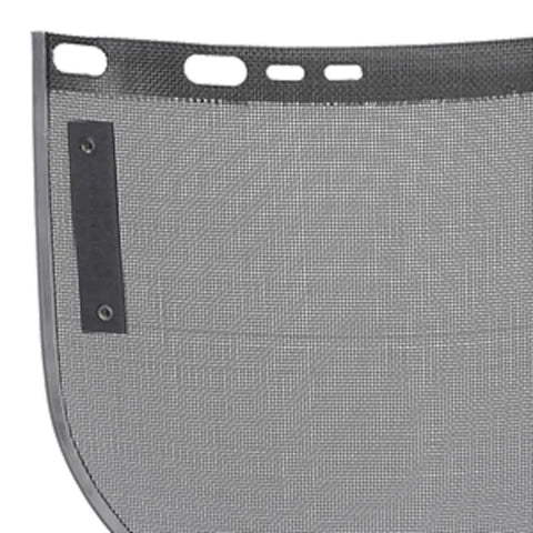 Close-up of wire mesh face shield window replacement 8x15.5x0.02 inches, aluminum bound, black, for welding grinding tasks.