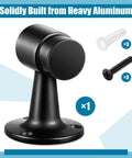 Heavy Duty Aluminum Floor Mounted Door Stopper With Hardware Kit For Interior Walls And Doors Hassle Free Setup Tough Gear showing black aluminum door stopper with mounting screws.
