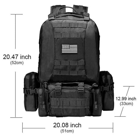 60L Tactical Backpack Rucksack For Outdoors Military Style Assault Pack With Detachable Front Bag And MOLLE System black front view