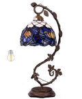 Blue Tiffany Style Stained Glass Lotus Table Lamp With Metal Leaf Base, 21 Inch Tall, 8 Inch Shade