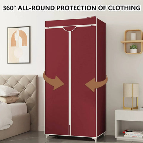 Freestanding Portable Canvas Wardrobe Heavy Duty Steel Frame Hanging Rail And Shelf Divider Fabric Closet Clothes Toy Organizer Hassle Free Setup Room Saving Clutter Crusher Pink