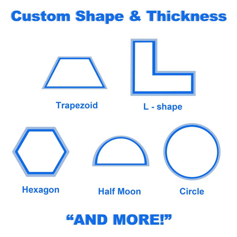 Illustration showing custom shapes for Bay Window Seat Cushion Pad, Custom Sized And Shaped To Fit Curved, L-Shaped Or Half Moon Benches