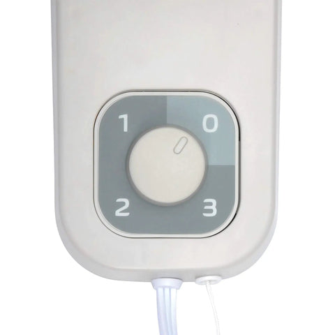 Close-up of the control dial on a 3-speed Commercial Grade Oscillating Wall Mount Fan, 12 Inch White Workhorse for Home, Office, and Shop.
