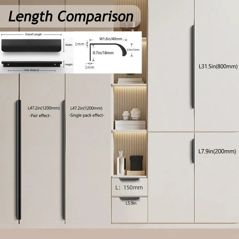 Length comparison of Hidden Cabinet Pulls Set DIY Friendly Aluminum Edge Mount No Groove Invisible Drawer Handles 3.1in 80mm Black