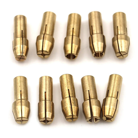Heavy Duty Brass Micro Collet Chuck Adapter Set For Dremel Rotary Tools 0.5 To 3.2mm Compatible With Mini Power Drills showing ten brass adapters