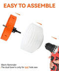 Front view of three-piece recessed lighting hole saw kit: orange 6-1/4 in saw, white dust bowl, cordless drill