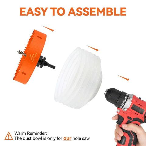 Front view of three-piece recessed lighting hole saw kit: orange 6-1/4 in saw, white dust bowl, cordless drill