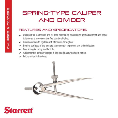 Spring Type Caliper And Divider with Bow Spring And Hardened Fulcrum Stud For 3 Inch Capacity shown with specifications