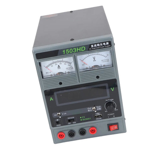 Heavy Duty Variable DC Power Supply 15V 3A Regulated Stabilized With Dual Display And USB Charging Port US Plug Ideal For Electronics Repair And Prototyping Fast Protection Against Short Circuit And Overcurrent With Automatic Recovery. front view with dual analog meters