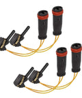 Set of four black brake pad wear sensors with yellow wires and red-threaded ends.