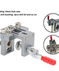Heavy Duty Aluminum Alloy Dowel Jig Kit With Precision Drill Bits, showing a jig with 15mm hole saw and drill bushings.