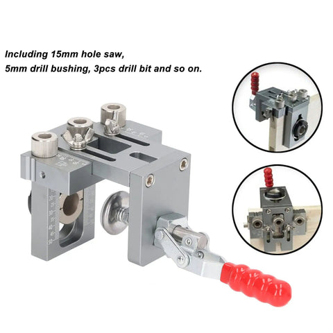 Heavy Duty Aluminum Alloy Dowel Jig Kit With Precision Drill Bits, showing a jig with 15mm hole saw and drill bushings.
