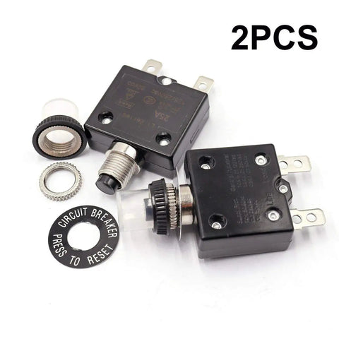 Heavy Duty 2 Pack 25 Amp Thermal Circuit Breakers With Push Button Manual Reset Rated For 125 To 250 Volt Ac showing details and parts.