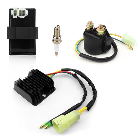 Ignition Coil CDI Box With Voltage Regulator Rectifier Starter Relay Spark Plug Kit Must Have For FourTrax 300 TRX300 TRX300FW 1993 2x4 4x4 Replacement Parts Bundle, showing ignition components and wiring connectors.