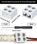 Front and back view of 25 Pack Solderless 2 Pin LED Tape Light Connectors Screw Down Terminal Block with screwdriver and LED strip.