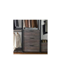 Top Shelf Vintage Wood And Metal Walk In Closet Organizer System With Adjustable Modular Shelves Hanging Rods And Hooks For Clothes Shoes Plus A Hella Convenient Custom Setup showing three drawers and hanging clothes.