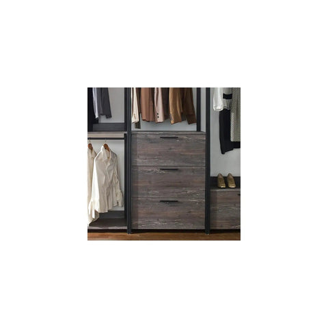 Top Shelf Vintage Wood And Metal Walk In Closet Organizer System With Adjustable Modular Shelves Hanging Rods And Hooks For Clothes Shoes Plus A Hella Convenient Custom Setup showing three drawers and hanging clothes.