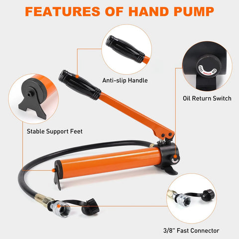 Orange 20T hydraulic cylinder jack porta power kit with manual hand pump and hose, 3/8 inch fast connector
