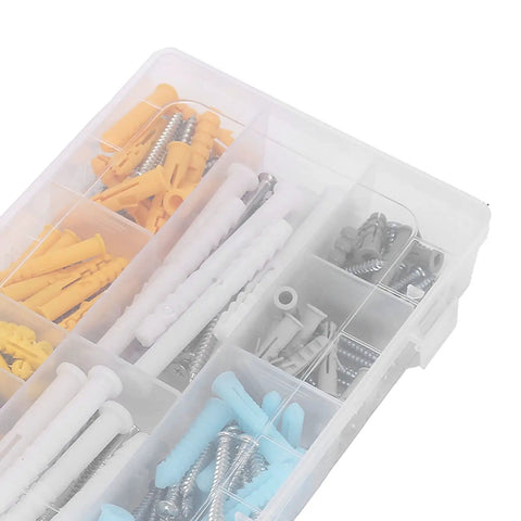 DIY Friendly Self Tapping Screw Kit With Anchors, 200 Pieces, 10 Sizes And 4 Colors in a clear organizer box