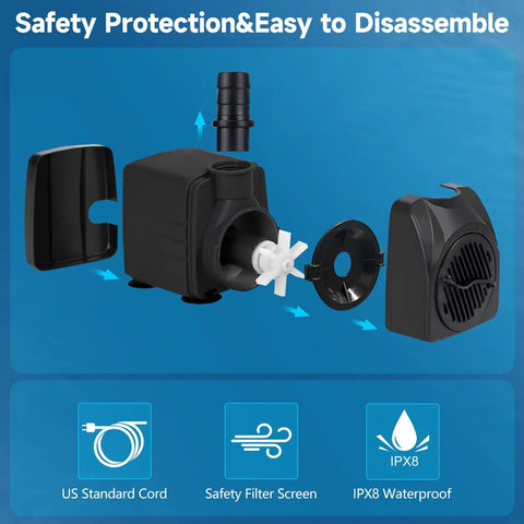 Whisper Quiet Submersible Pump For Aquariums Ponds And Hydroponics With Adjustable Flow 220 GPH 15W disassembled view
